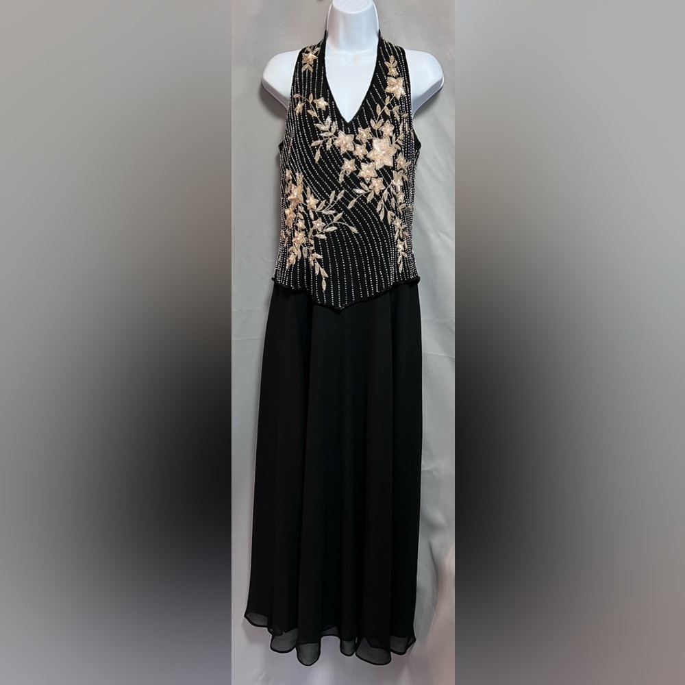 J Kara Women's Long‎ Beaded V Trim Detail Dress Sequin Black Gold Sleeveless